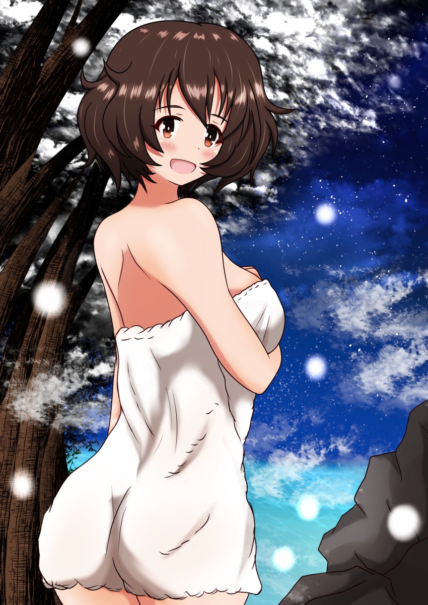 1girl akiyama_yukari breast_hold breasts brown_eyes brown_hair commentary cowboy_shot girls_und_panzer highres looking_at_viewer looking_back meiya messy_hair naked_towel night night_sky onsen open_mouth outdoors short_hair sky smile snowing solo standing star_(sky) starry_sky towel tree