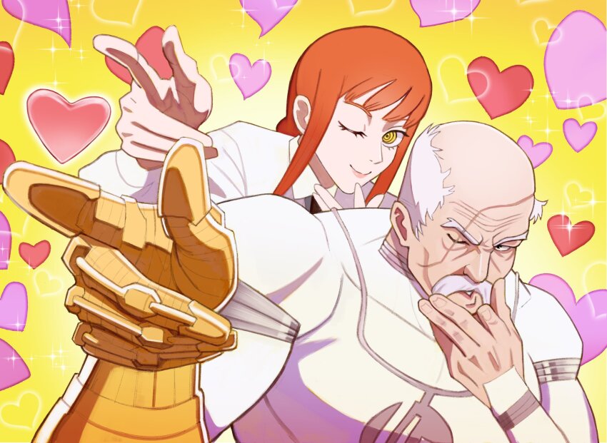 1boy 1girl bald balding balding black_necktie braid braided_ponytail chainsaw_man conquest_(invincible) facial_hair heart highres invincible_(series) makima_(chainsaw_man) mustache necktie old old_man one_eye_closed pointing red_hair ringed_eyes scar_on_head sparkle superhero_costume thick_mustache white_hair xyanaid yellow_eyes