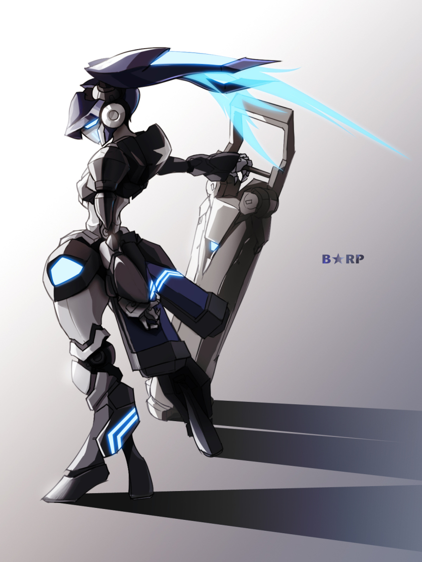 1girl black_rock_shooter black_rock_shooter_(character) black_rock_shooter_(character)_(cosplay) blue_eyes cosplay danball_senki glowing glowing_eyes high_heels highres humanoid_robot mecha robot robot_girl rock_cannon simonori solo twintails uneven_twintails