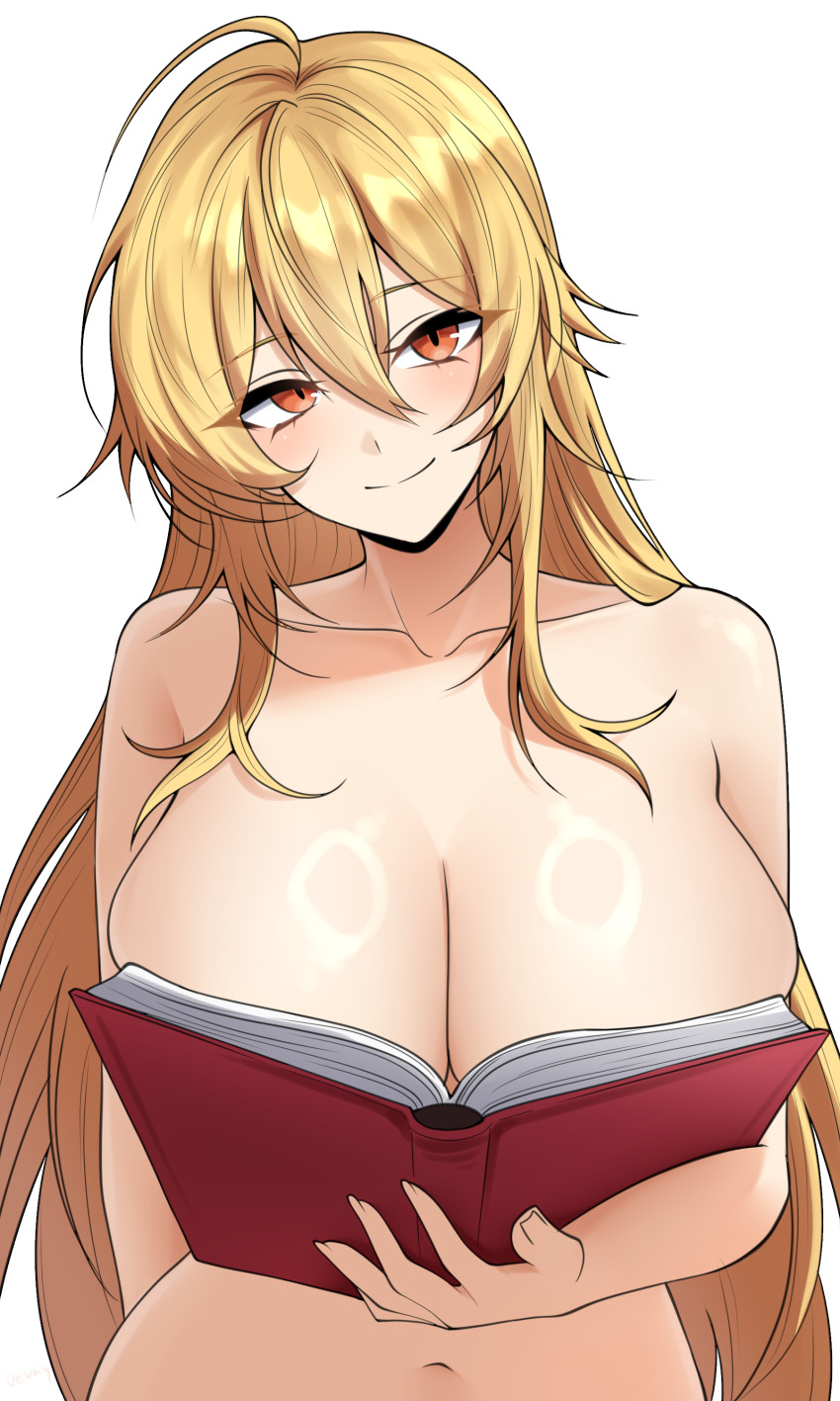 1girl absurdres angelica_rapha_redgrave blonde_hair boobs_in_book_(meme) book breasts cleavage commission completely_nude curvy highres holding holding_book huge_breasts large_breasts long_hair meme navel nude orange_eyes otome_game_sekai_wa_mob_ni_kibishii_sekai_desu pixiv_commission smile solo vvernerluniq white_background