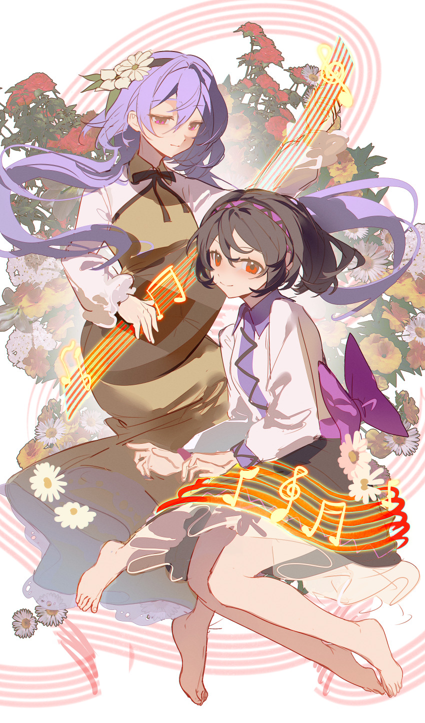 2girls absurdres barefoot black_skirt brown_hair dress ender_xiaohai hairband highres holding holding_instrument instrument looking_at_viewer low_twintails multiple_girls music playing_instrument purple_hair purple_hairband red_eyes shirt skirt smile touhou tsukumo_benben tsukumo_yatsuhashi twintails white_shirt yellow_dress
