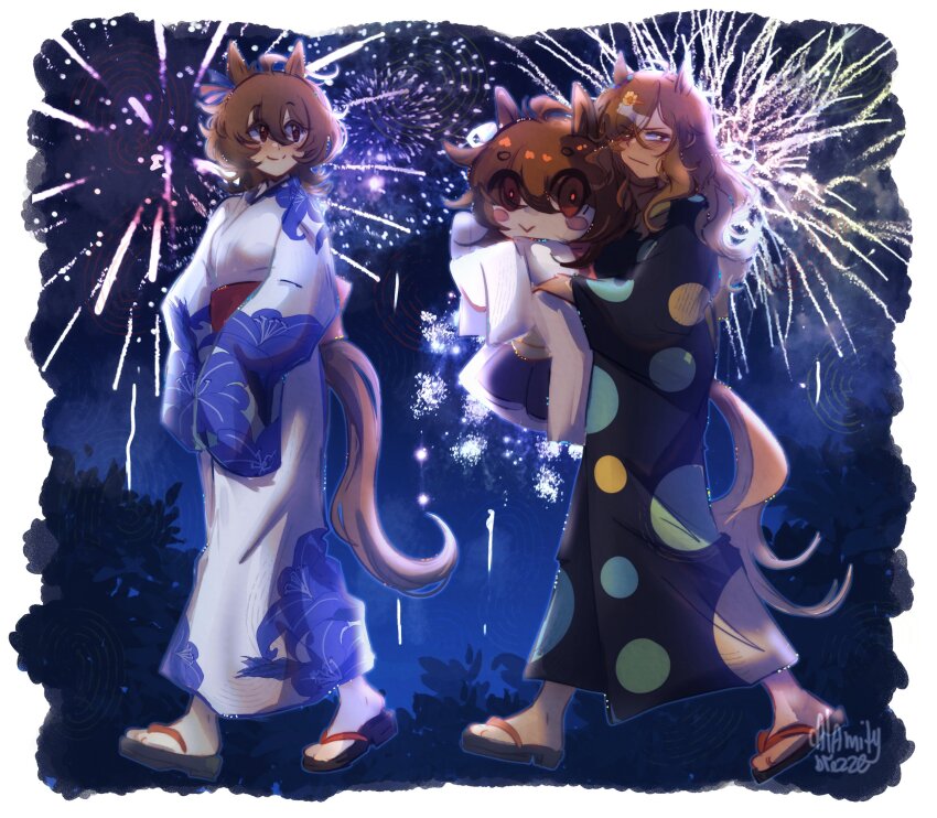 2girls absurdres aerial_fireworks agnes_tachyon_(tach-nology)_(umamusume) agnes_tachyon_(umamusume) ahoge animal_ears black_kimono blush breasts brown_hair calamity_brezze character_doll closed_mouth doll fireworks floral_print floral_print_kimono frown hair_between_eyes hair_ornament hairclip highres holding holding_doll horse_ears horse_girl horse_tail japanese_clothes jungle_pocket_(umamusume) kimono lab_coat long_hair long_sleeves medium_hair multiple_girls night night_sky notched_ear print_kimono red_eyes sandals sky sleeves_past_fingers sleeves_past_wrists smile tail umamusume white_kimono yellow_eyes yukata