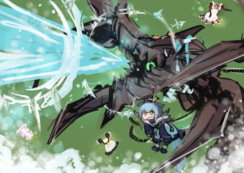 1girl apron biomechanical blue_hair blue_kimono cyberdark_horn dragon_girl dragon_horns gameplay_mechanics hatano_kiyoshi highres horns japanese_clothes kimono laundry_dragonmaid maid maid_apron solo wa_maid yellow_eyes yu-gi-oh!