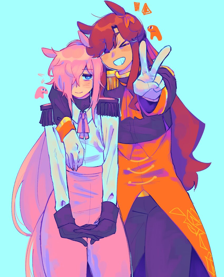 2girls absurdres aiguillette animal_ears arm_over_shoulder belt black_collar black_gloves black_pants black_shirt blue_background blue_eyes blush closed_mouth coat collar comely_material_morning_(horse_race_tests) feet_out_of_frame gloves hair_over_one_eye height_difference high-waist_pants high_collar highres horse_ears horse_girl horse_race_tests interlocked_fingers jess_(p2eocene) jovial_merryment long_hair long_sleeves looking_at_another looking_at_viewer looking_to_the_side military_uniform multiple_girls one_eye_closed orange_coat own_hands_together pants pink_hair pink_pants pink_ribbon purple_eyes red_hair ribbon shirt shoulder_pads shy simple_background smile standing stretching tailcoat teeth v white_gloves yellow_belt yellow_sleeve_cuffs
