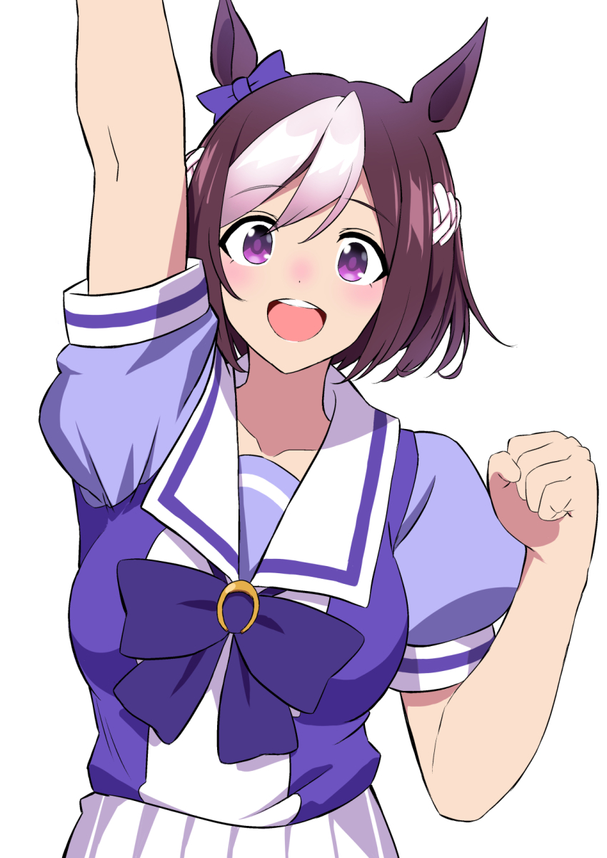 1girl animal_ears arm_up bow braid breasts brown_hair clenched_hand commentary_request ear_bow hair_between_eyes hakase_yurisuki half_up_braid highres horse_ears horse_girl looking_at_viewer medium_breasts multicolored_hair open_mouth pleated_skirt puffy_short_sleeves puffy_sleeves purple_bow purple_eyes purple_shirt sailor_collar school_uniform shirt short_hair short_sleeves simple_background skirt smile solo special_week_(umamusume) streaked_hair summer tracen_school_uniform umamusume upper_body white_background white_hair white_skirt