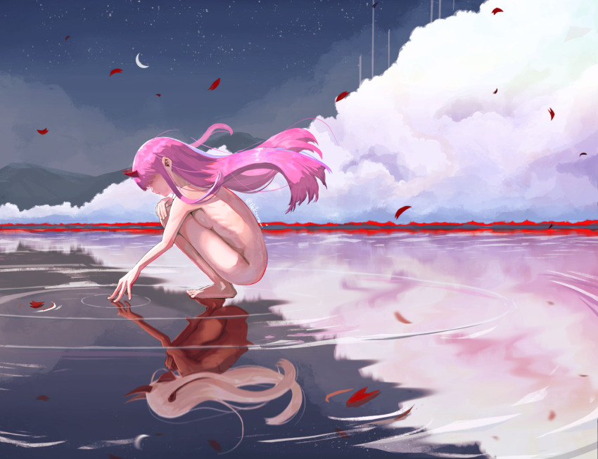 1girl age_progression artist_name ass barefoot blonde_hair breasts chinese_commentary closed_mouth cloud colored_skin commentary_request completely_nude crescent_moon darling_in_the_franxx demon_horns different_reflection expressionless falling_petals floating_hair fog from_side hand_on_own_knee hill horns lake lava long_hair medium_breasts moon night night_sky nude on_water outdoors petals pink_hair red_horns red_skin reflection reflective_water ribs ripples sky slav_squatting squatting star_(sky) starry_sky traghetto very_long_hair water zero_two_(darling_in_the_franxx) zero_two_(young)_(darling_in_the_franxx)