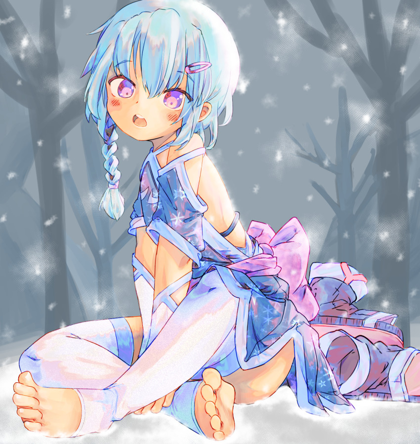 1girl back_bow backless_outfit bare_shoulders barefoot blue_dress blue_hair blue_skirt blush blush_stickers bow braid breasts chaosexceed cold crossed_legs dot_nose dress feet female_focus fingerless_gloves full_body gloves hair_between_eyes hair_ornament hairclip hands_on_feet highres looking_at_viewer no_shoes open_mouth original pink_bow purple_eyes sandals unworn_sandals sash shoes unworn_shoes short_hair simple_background sitting skirt small_breasts snow snowflakes snowing soles solo teeth thighhighs toeless_legwear toes white_gloves white_thighhighs