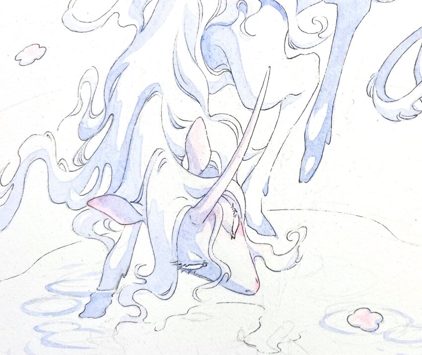 animal animal_focus blank_eyes colored_eyelashes commentary creature creature_focus distortion english_commentary fantasy fleebites floating floating_flowers flower graphite_(medium) hair_between_eyes head_down highres hooves horns horse long_hair monochrome original painting_(medium) pastel_colors pink_flower refraction single_horn traditional_media unfinished unicorn water watercolor_(medium) wavy_hair white_background white_eyelashes white_eyes white_fur white_hair white_horns white_theme