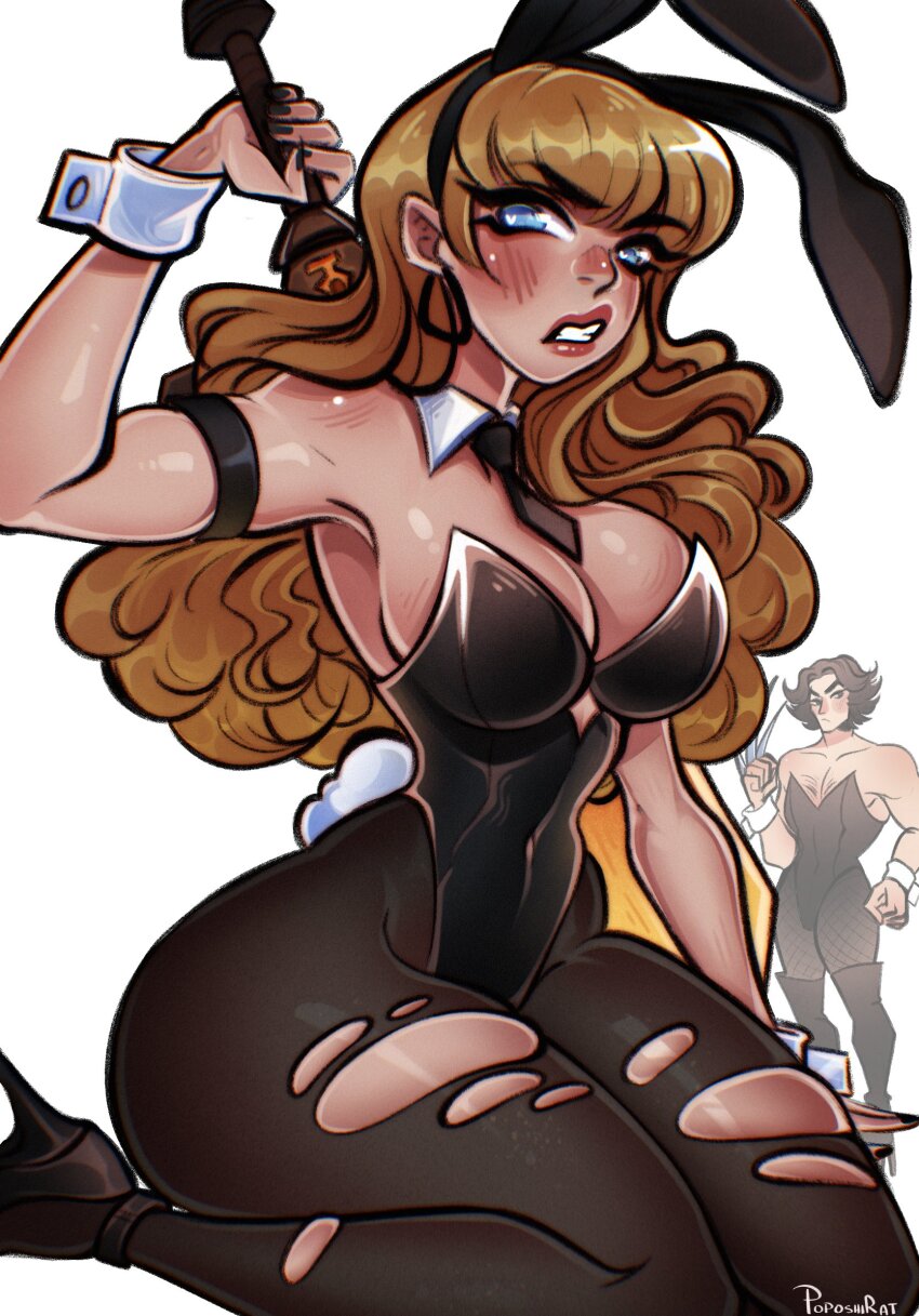 1boy 1girl angry blonde_hair blue_eyes breasts cleavage cleavage_cutout clothing_cutout commentary english_commentary highres huge_weapon long_hair looking_at_viewer magik_(x-men) marvel marvel_rivals poposhirat sword weapon wolverine_(x-men) x-men