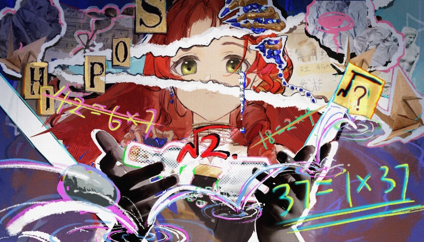 1girl ? absurdres bottle broken_bottle closed_mouth collage collage_background crumpled_paper dual_persona equation green_eyes hair_ornament halftone hands_up highres holding holding_bottle long_hair looking_at_viewer mangxia_xiang_chi_mangguo math message_in_a_bottle origami paper_crane pencil pop_art red_hair reverse:1999 ripples solo sophia_(manus_vindictae)_(reverse:1999) sophia_(reverse:1999) split_theme squiggle statue stone_skipping torn_paper upper_body