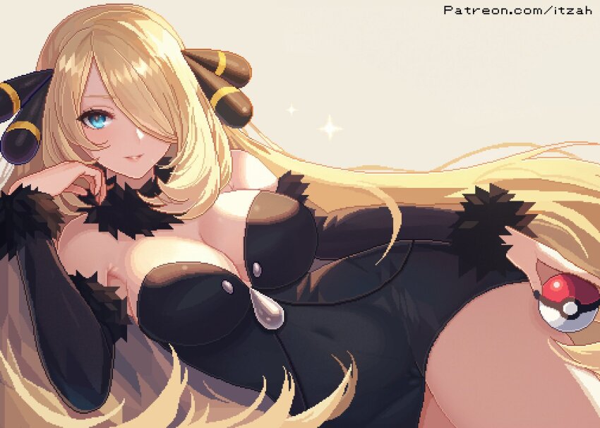 1girl bare_shoulders black_dress black_sleeves blonde_hair blue_eyes breasts cleavage cynthia_(pokemon) detached_sleeves dress hair_over_one_eye holding holding_poke_ball itzah large_breasts long_hair nail_polish nintendo pixel_art poke_ball pokemon pokemon_dppt simple_background solo sparkle strapless