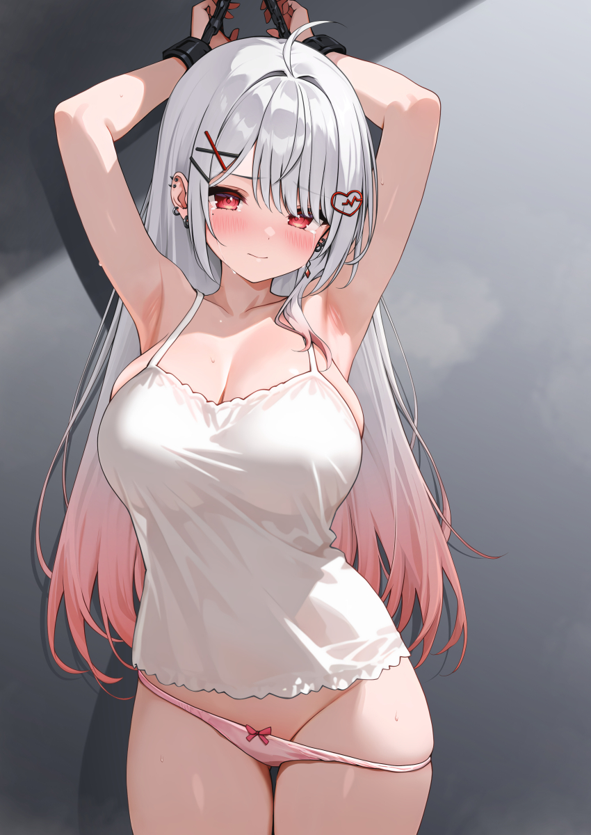 1girl absurdres ahoge armpits arms_up blush bound bound_arms breasts camisole cleavage closed_mouth collarbone curvy ear_piercing earrings grey_hair groin hair_ornament hairclip hanamiya_rica heart heart_hair_ornament highres indie_virtual_youtuber jewelry large_breasts long_hair looking_at_viewer mole mole_under_eye multicolored_hair otokucha panties panty_lift piercing pink_hair pink_panties red_eyes see-through_silhouette solo spiked_ear_piercing sweat tears thick_thighs thighs two-tone_hair underwear virtual_youtuber white_camisole