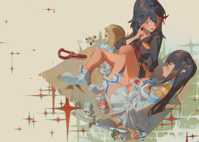2girls absurdres bakuzan black_hair black_sailor_collar black_skirt blue_neckerchief blush brown_background brown_eyes character_doll commentary_request cup doll ellie_niunai_zhuyi_zhe epaulettes finger_to_cheek gamagoori_ira highres holding holding_cup holding_hands incest inumuta_houka jakuzure_nonon junketsu katana kill_la_kill kiryuuin_satsuki long_hair mankanshoku_mako matoi_ryuuko multicolored_hair multiple_girls neckerchief open_mouth picnic red_eyes red_neckerchief sailor_collar sanageyama_uzu school_uniform senketsu serafuku siblings simple_background sisters skirt streaked_hair sword teacup weapon white_background white_footwear yuri