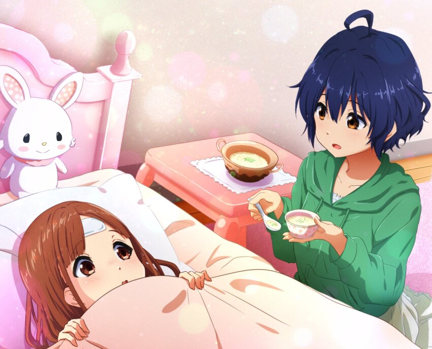 22/7 2girls ahoge alternate_hairstyle blue_hair bowl brown_eyes brown_hair cold_pack dark_blue_hair dutch_angle eye_contact fever green_hoodie hair_down head_on_pillow highres holding holding_bowl holding_spoon hood hood_down hoodie igashiko indoors lens_flare light_particles long_hair long_sleeves looking_at_another lying multiple_girls nabe on_back on_bed open_mouth pillow rice_porridge sera_honoka short_hair sick sitting skirt spoon stuffed_animal stuffed_rabbit stuffed_toy table takigawa_miu under_covers wavy_hair white_skirt wooden_floor