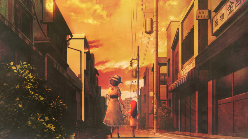 2girls aged_down akihabara_(tokyo) black_boots black_bow black_hair blue_dress blue_hat blue_shoes boots bow brown_shoes child dress from_behind game_cg hat highres holding_hands huke kneehighs long_hair long_skirt looking_at_another medium_hair miniskirt multiple_girls non-web_source official_art puffy_short_sleeves puffy_sleeves red_hair shiina_kagari shiina_mayuri shirt shoes short_sleeves skirt socks steins;gate steins;gate_0 sundress sunset thighs white_shirt white_socks