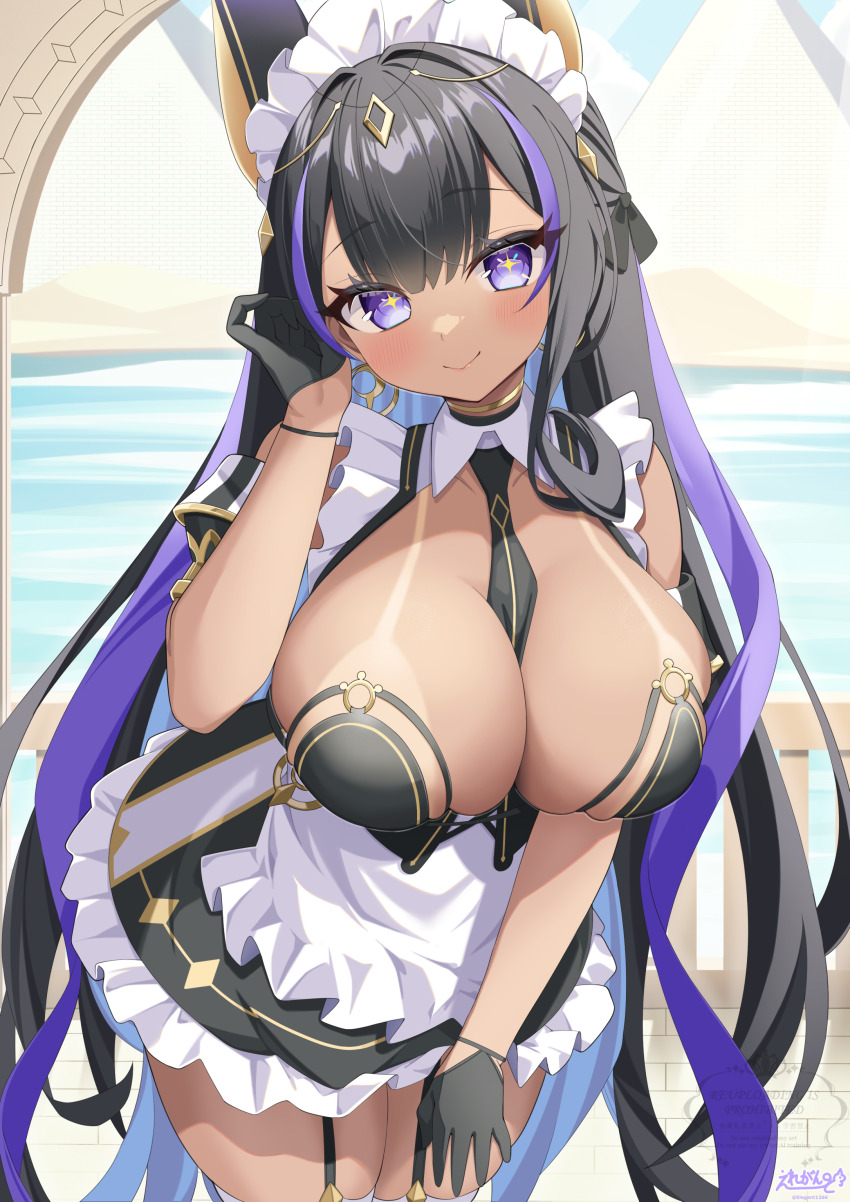 1girl absurdres animal_ears apron azur_lane between_breasts black_dress black_gloves black_hair blush breasts cleopatra_(azur_lane) dark-skinned_female dark_skin dress elegant_(sumisumi4268) frilled_apron frills garter_straps gloves highres jackal_ears jackal_girl long_hair looking_at_viewer maid maid_apron maid_headdress multicolored_hair necktie necktie_between_breasts puffy_sleeves purple_eyes purple_hair solo streaked_hair symbol-shaped_pupils tan tanline waist_apron white_apron