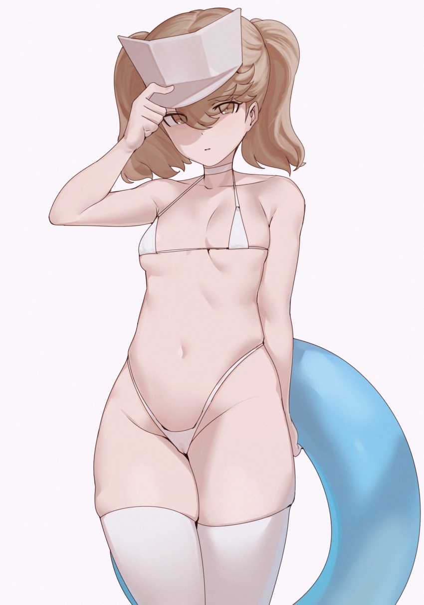 1girl absurdres bad_id bad_pixiv_id bikini breasts brown_hair choker closed_mouth collarbone eyes_visible_through_hair grey_background hand_on_headwear highleg highleg_bikini highres holding holding_swim_ring innertube jin_rou kantai_collection long_hair looking_at_viewer micro_bikini navel ryuujou_(kancolle) simple_background small_breasts solo string_bikini swim_ring swimsuit thighhighs twintails visor_cap white_bikini white_choker white_thighhighs