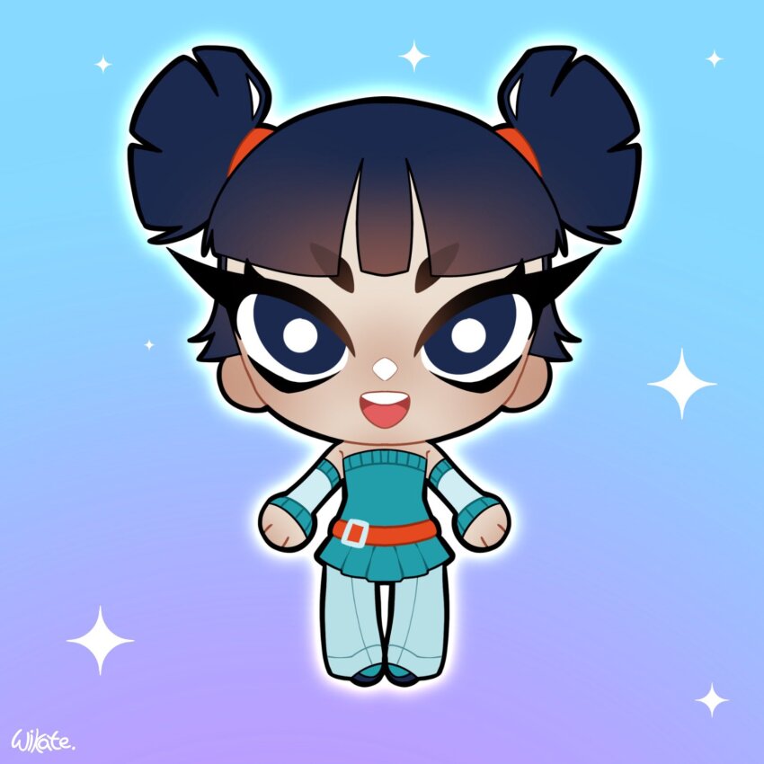 1girl aqua_dress aqua_shoes bare_shoulders belt belt_buckle blue_background blue_eyes blue_hair blue_pants blunt_bangs blunt_ends bright_pupils buckle chibi commentary detached_sleeves double-parted_bangs dress gradient_background hair_tie hashtag-only_commentary highres long_eyelashes long_sleeves looking_at_viewer musa_(winx_club) open_mouth outline pants pants_under_dress pleated_dress purple_background red_belt shoes short_dress short_hair short_twintails signature smile solo sparkle standing straight-on strapless strapless_dress teeth twintails upper_teeth_only white_outline white_pupils white_sleeves wikate winx_club