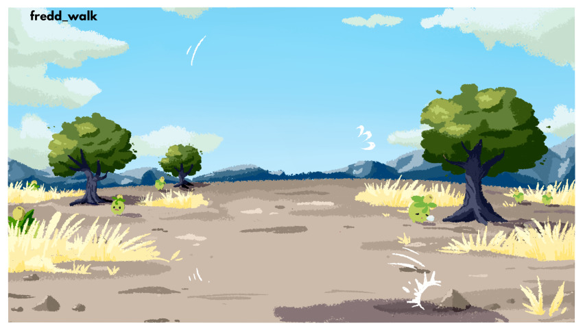 blue_sky border cloud creatures_(company) day fredd_walk game_freak grass highres mountainous_horizon nintendo no_humans olive open_mouth outdoors pokemon pokemon_(creature) pokemon_focus rock sky sleeping smoliv tree white_border