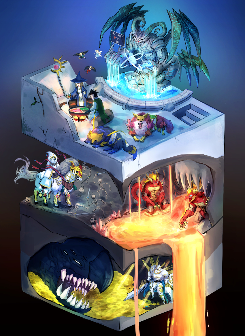 3girls 4boys absurdres armor barding black_wings bowl cross-section demon duel_monster everyone fairy feathered_wings fire fountain freki_the_runick_fangs full_armor geri_the_runick_fangs gloves gold hat hatano_kiyoshi highres holding holding_bowl holding_shield holding_sword holding_weapon hood horse horseback_riding hotpot hugin_the_runick_wings mask lava monster multiple_boys multiple_girls munin_the_runick_wings riding robe runick_allure runick_dispelling runick_flashing_fire runick_fountain runick_slumber shield skeleton sleipnir_the_runick_mane staff stairs statue sword wading weapon wings witch witch_hat wolf yawning yu-gi-oh!