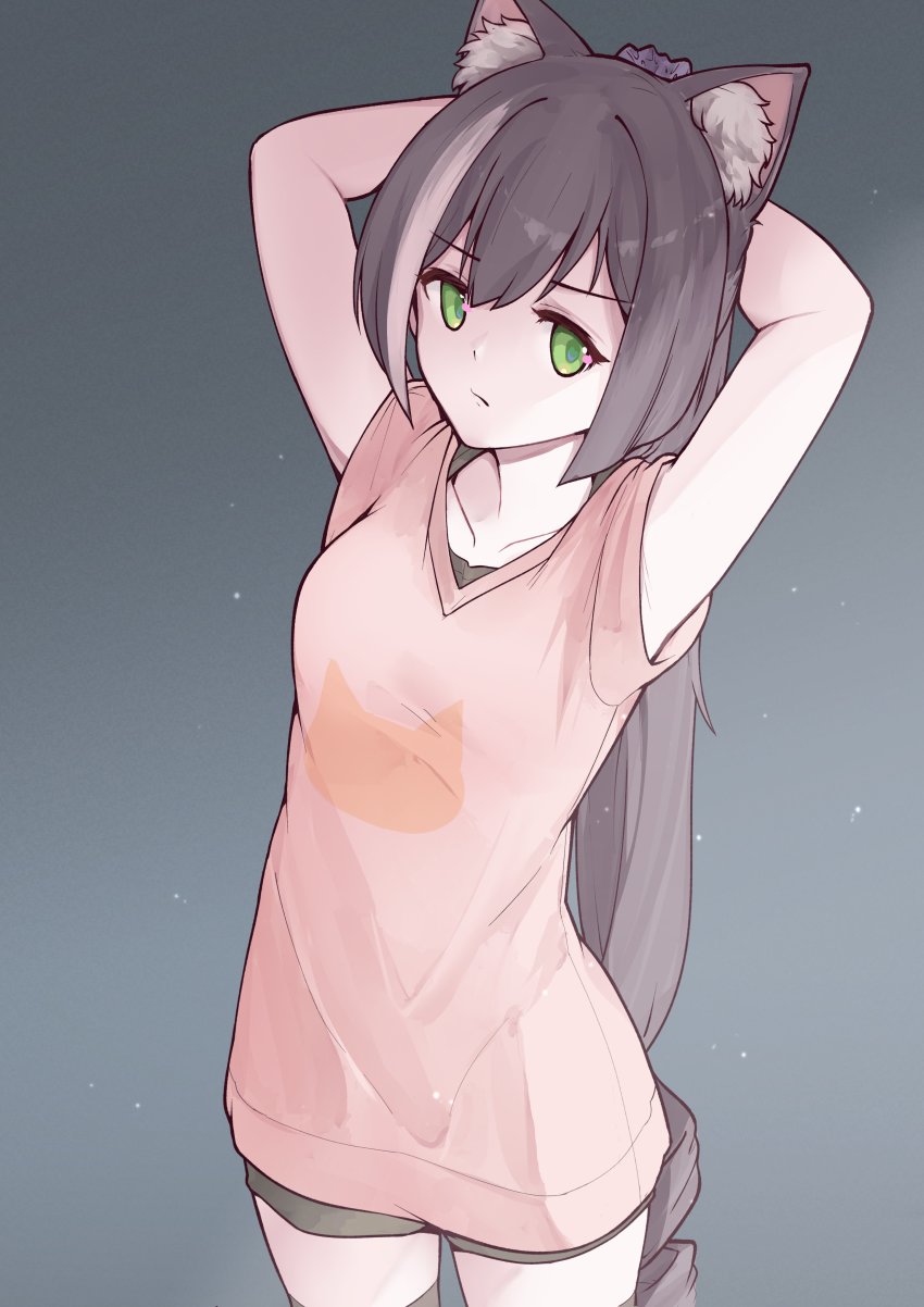 1girl absurdres animal_ear_fluff animal_ears arms_behind_head arms_up black_hair black_shorts black_thighhighs breasts cat_ears closed_mouth commentary cowboy_shot english_commentary frown green_eyes highres jacy karyl_(princess_connect!) long_hair looking_at_viewer lyrinne pink_shirt princess_connect! shirt short_sleeves shorts small_breasts solo thighhighs