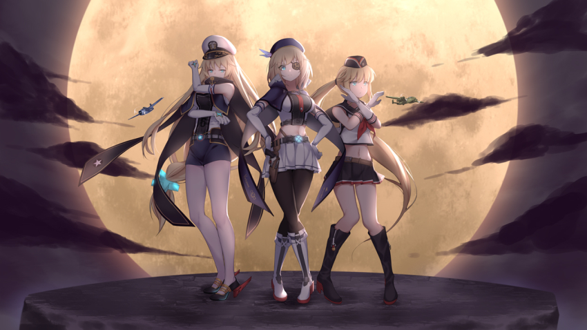 3girls aircraft_request airplane b-25_mitchell battle_tendency beret black_footwear black_legwear blonde_hair blue_eyes boots cartonbox_(zhixiang_zhi) check_commentary chinese_commentary commentary_request crop_top elbow_gloves enterprise_(warship_girls_r) eyepatch full_moon garrison_cap gloves hands_on_own_hips hat hornet_(warship_girls_r) jojo_no_kimyou_na_bouken jojo_pose long_hair low-tied_long_hair midriff military_vehicle moon multiple_girls navel parody partial_commentary peaked_cap ponytail propeller_fighter remodel_(warship_girls_r) school_uniform serafuku short_hair warship_girls_r white_footwear x_arms yorktown_(warship_girls_r)