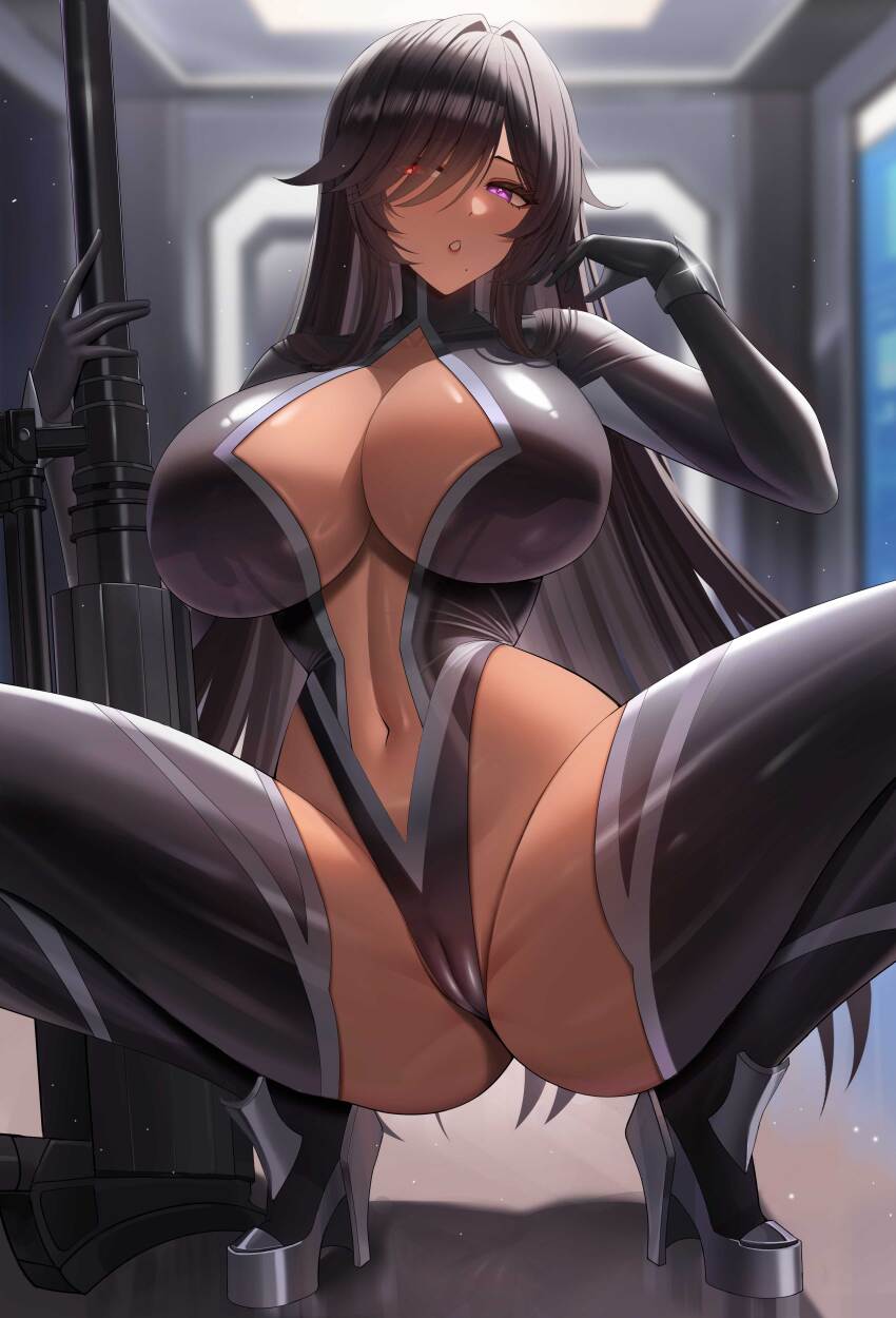 1girl absurdres black_hair black_leotard black_thighhighs blush breasts cameltoe center_opening commentary_request dark-skinned_female dark_skin gun hair_over_one_eye heterochromia high_heels highleg highleg_leotard highres large_breasts leotard long_hair looking_at_viewer navel purple_eyes red_eyes rifle sniper_rifle solo spread_legs tatakau_ni_atai_suru thighhighs ultra-13 weapon zara_moussa
