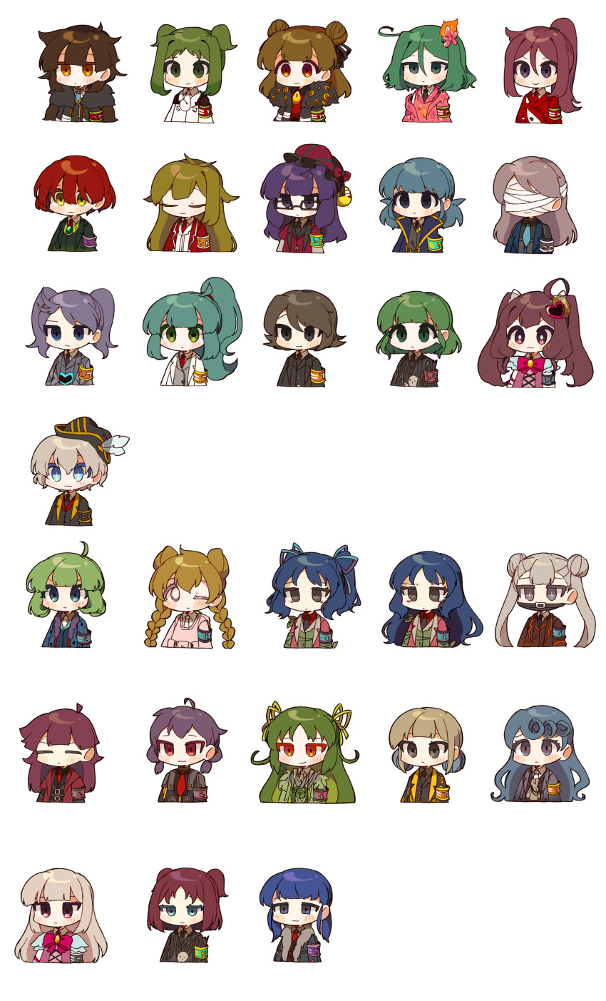 6+girls :/ :3 @_@ absurdres adoration_(e.g.o) ahoge armband bandages bandages_over_eyes black_armband black_eyes black_headwear black_jacket black_necktie black_ribbon black_swan_(e.g.o) black_vest blonde_hair blue_eyes blue_hair blue_jacket blue_necktie blue_ribbon braid bright_pupils brooch brown_eyes brown_hair chain closed_eyes closed_mouth cobalt_scar_(e.g.o) collared_shirt colored_eyelashes commentary_request crimson_scar_(e.g.o) cross-shaped_pupils da_capo_(e.g.o) discord_(e.g.o) double_bun e.g.o_(project_moon) employee_(project_moon) empty_eyes expressionless frilled_hat frills frown fur-trimmed_jacket fur_trim glasses gold_chain gold_rush_(e.g.o) green_armband green_brooch green_eyes green_hair green_jacket green_stem_(e.g.o) green_vest grey_eyes grey_jacket grey_necktie grey_shirt grey_vest hair_bun hair_ornament hair_ribbon half-closed_eyes hat hat_bell heart heart_print highres hoshizuki_sakusa in_the_name_of_love_and_hate_(e.g.o) jacket jewelry jitome justitia_(e.g.o) lamp_(e.g.o) layered_sleeves lobotomy_corporation long_hair long_sleeves magic_bullet_(e.g.o) mimicry_(e.g.o) multicolored_eyes multiple_girls neck_ribbon necktie no_nose nugget_(project_moon) one_eye_closed open_clothes open_jacket orange_armband pink_(e.g.o) pink_jacket pink_ribbon pink_shirt pink_vest ponytail project_moon purple_armband purple_eyes purple_hair purple_jacket red_armband red_hair red_headwear red_jacket red_necktie red_shirt red_vest ribbon sanguine_desire_(e.g.o) shirt short_hair short_over_long_sleeves short_sleeves short_twintails simple_background smile smile_(e.g.o) sound_of_a_star_(e.g.o) star-shaped_pupils star_(symbol) symbol-shaped_pupils tareme twilight_(e.g.o) twin_braids twintails two_side_up upper_body vest white_background white_jacket white_necktie white_pupils white_shirt white_vest yellow_eyes yellow_ribbon