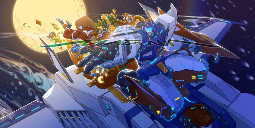 1boy assault_visor autobot black_footwear boots brown_hair candy candy_cane christmas clenched_hand food fur-trimmed_headwear fur-trimmed_jacket fur_trim gift glowing hat highres jacket mecha metro_magna minakaze_jan moon open_hand open_mouth pants red_headwear red_jacket red_pants robot santa_costume santa_hat science_fiction smile space star_saber_(transformers) transformers transformers_victory watermark