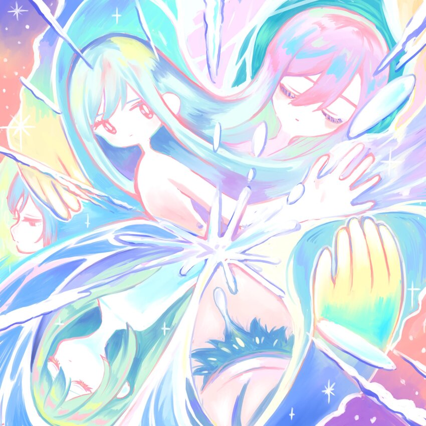 5girls abstract blue_hair blush closed_eyes closed_mouth commentary_request denonbu expressionless hair_between_eyes highres long_hair multiple_girls multiple_persona pink_hair shinonome_kazune sparkle star_(sky) tears upper_body wanowanoji67