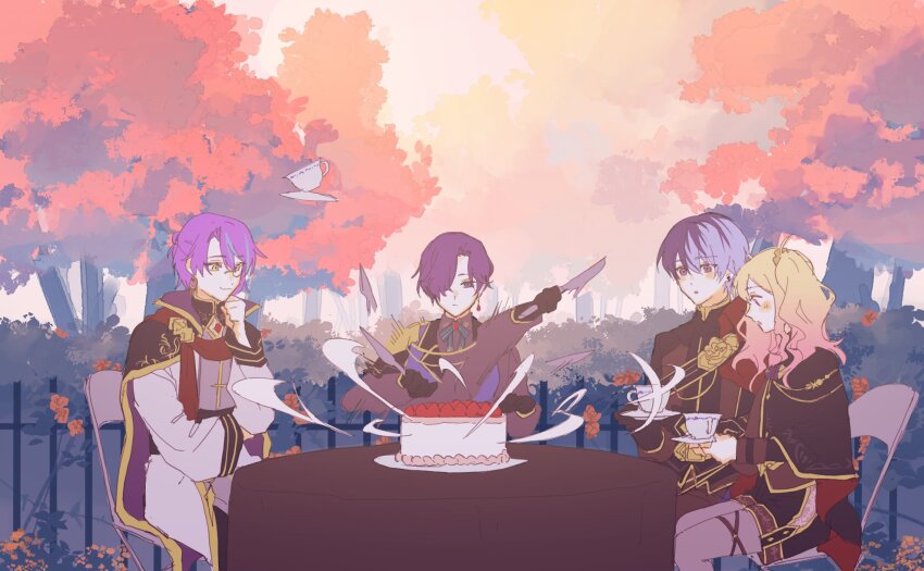 2boys 2girls :o aiguillette aoyagi_touya asahina_mafuyu black_cape black_gloves black_hair blonde_hair bow bush cake cape cup expressionless fence floating floating_object food ganada_404 gloves gradient_hair grey_bow grey_hair grey_jacket highres holding holding_knife holding_saucer jacket kamishiro_rui knife mecha_pilot_suit medium_hair motion_blur motion_lines motion_slit multicolored_hair multiple_boys multiple_girls never_give_up_cooking!_(project_sekai) official_alternate_costume official_alternate_hair_length official_alternate_hairstyle parted_bangs pink_hair project_sekai purple_hair relax_teatime_(project_sekai) saucer short_hair sitting slicing smile split-color_hair strawberry_cake striped_bow table tablecloth tenma_saki tree twintails vertical-striped_bow