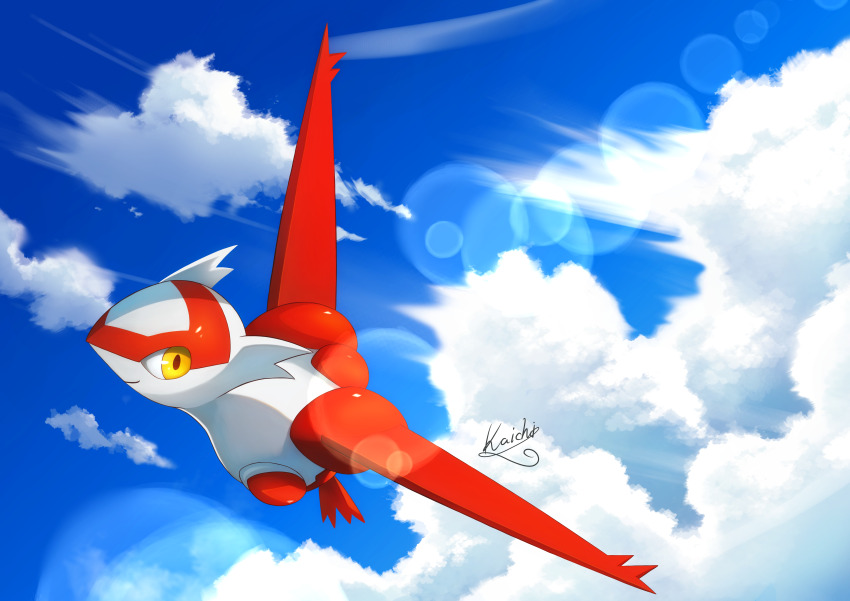 absurdres closed_mouth cloud commentary_request day flying full_body gen_3_pokemon highres kaichi_(tomiyu25) latias legendary_pokemon lens_flare nintendo no_humans outdoors pokemon pokemon_(creature) pokemon_focus signature sky solo yellow_eyes