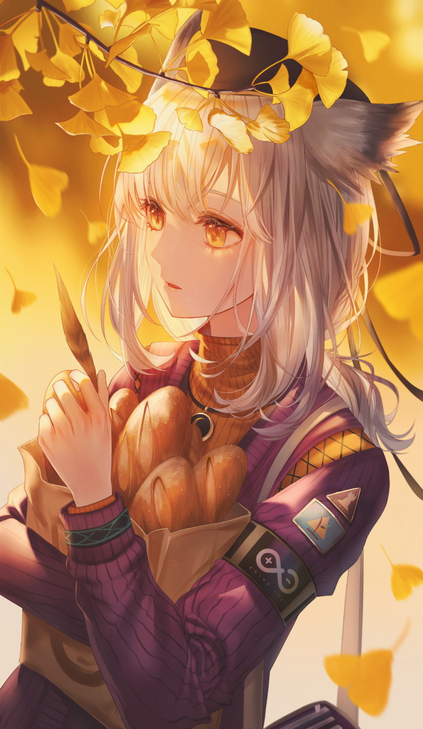 1girl arknights autumn autumn_leaves bag black_hat blurry blurry_background branch bread cardigan commentary eyelashes falling_leaves feathers food hair_flaps hand_up hat highres holding holding_feather hugging_object leaf lium long_hair long_sleeves looking_at_viewer looking_away looking_to_the_side low_ponytail motion_blur nature official_alternate_costume orange_sweater paper_bag parted_lips ponytail ptilopsis_(arknights) ptilopsis_(serenity)_(arknights) shoulder_bag silver_hair solo sweater turtleneck upper_body yellow_eyes