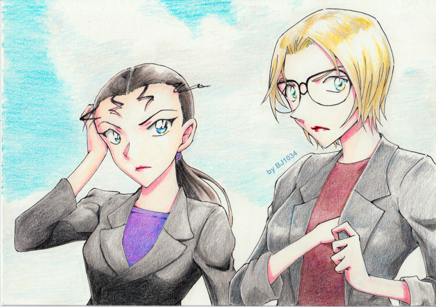 2girls artist_name bj1034_(tosashi) black-framed_eyewear black_hair black_jacket blonde_hair blue_background blue_eyes closed_mouth colored_pencil_(medium) glasses gradient_background hand_in_jacket hand_on_own_head highres jacket jodie_starling long_hair looking_to_the_side low_ponytail meitantei_conan mizunashi_rena multiple_girls ponytail purple_shirt red_skirt round_eyewear shirt short_hair skirt traditional_media upper_body