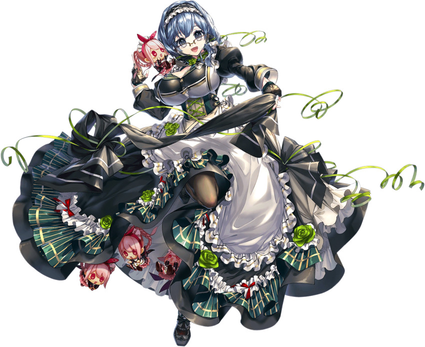 1girl artist_request berthe_(unitia) blue_hair breasts buttons dress flower full_body game_cg glasses green_flower green_rose grey_eyes headband heart heart-shaped_pupils jill_(unitia) official_art open_mouth rose solo source_request stuffed_toy symbol-shaped_pupils third-party_source too_many_dolls transparent_background unitia