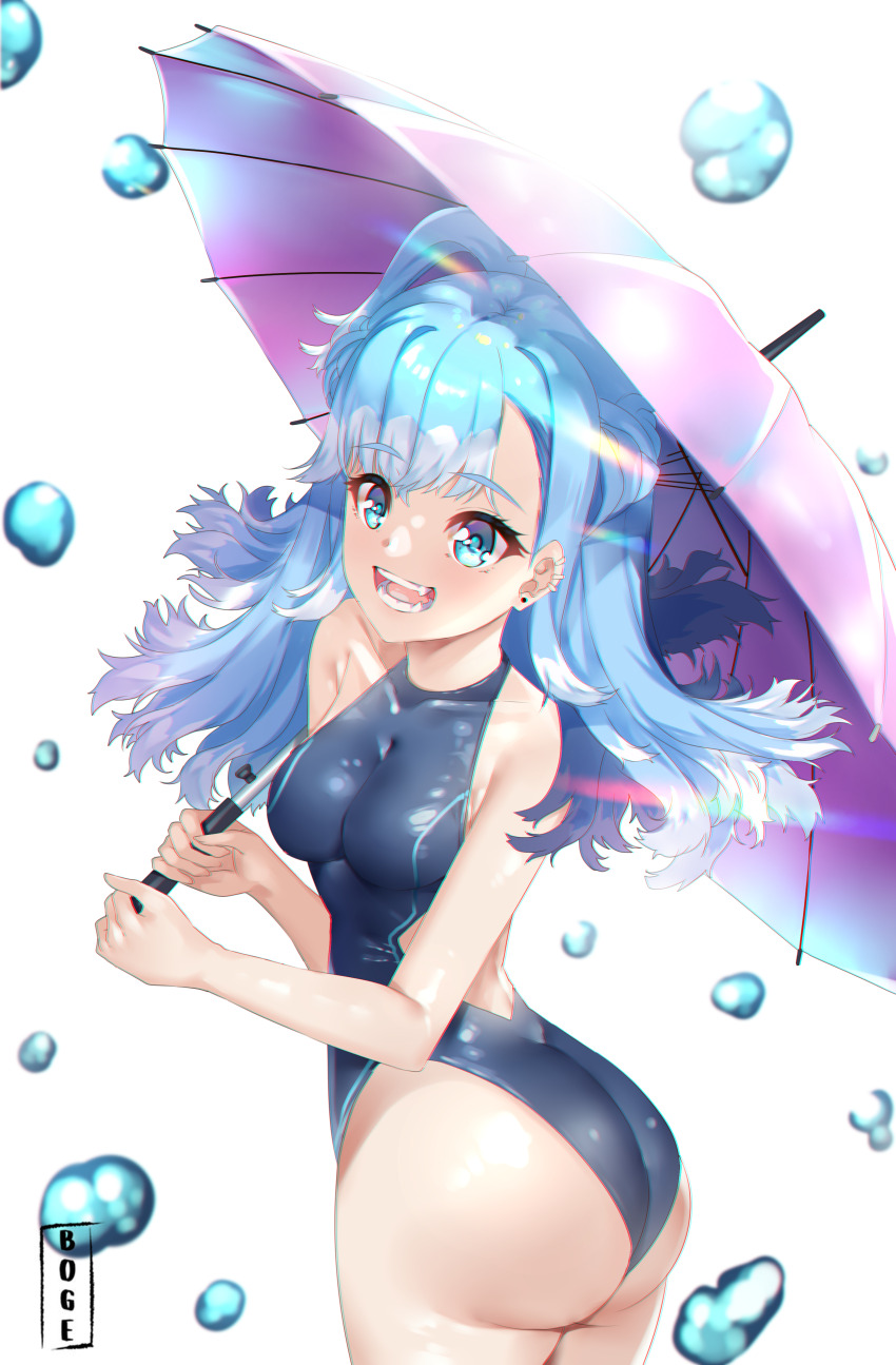 1girl abiboge absurdres ass blue_eyes blue_hair blue_one-piece_swimsuit breasts colored_tips ear_piercing highres hololive hololive_indonesia kobo_kanaeru liquid_hair long_hair medium_breasts multicolored_hair one-piece_swimsuit piercing split_ponytail swimsuit umbrella virtual_youtuber water white_background