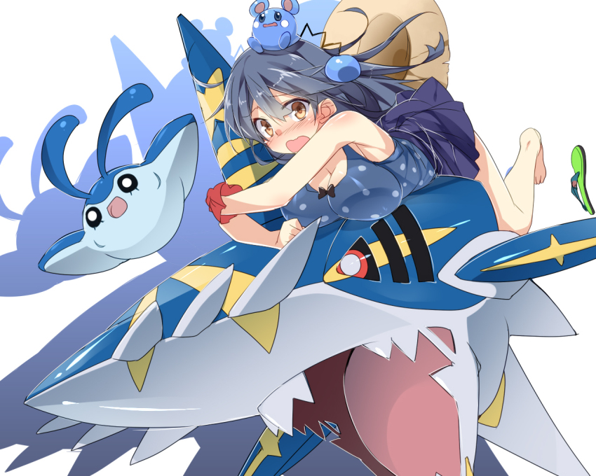 10s 1girl azurill black_hair blush breasts brown_eyes crossover flip-flops gen_3_pokemon gen_4_pokemon gradient_background hat kantai_collection large_breasts mantyke mega_pokemon mega_sharpedo mtu_(orewamuzituda) nintendo on_head open_mouth pokemon pokemon_(creature) pokemon_on_head red_eyes riding riding_pokemon sandals sharpedo skirt swimsuit tail ushio_(kancolle)