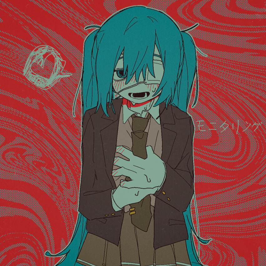 1girl abstract_background alternate_costume attwn_park blazer blue_eyes blue_hair blush brown_jacket brown_necktie brown_shirt brown_skirt clutching_chest collared_shirt cowboy_shot eyepatch hand_blush hand_on_own_chest hatsune_miku heart highres jacket lapels long_hair long_sleeves looking_at_viewer medical_eyepatch monitoring_(vocaloid) necktie one_eye_covered open_clothes open_jacket open_mouth pleated_skirt red_background shirt skirt smile solo spoken_heart standing sweat twintails very_long_hair vocaloid