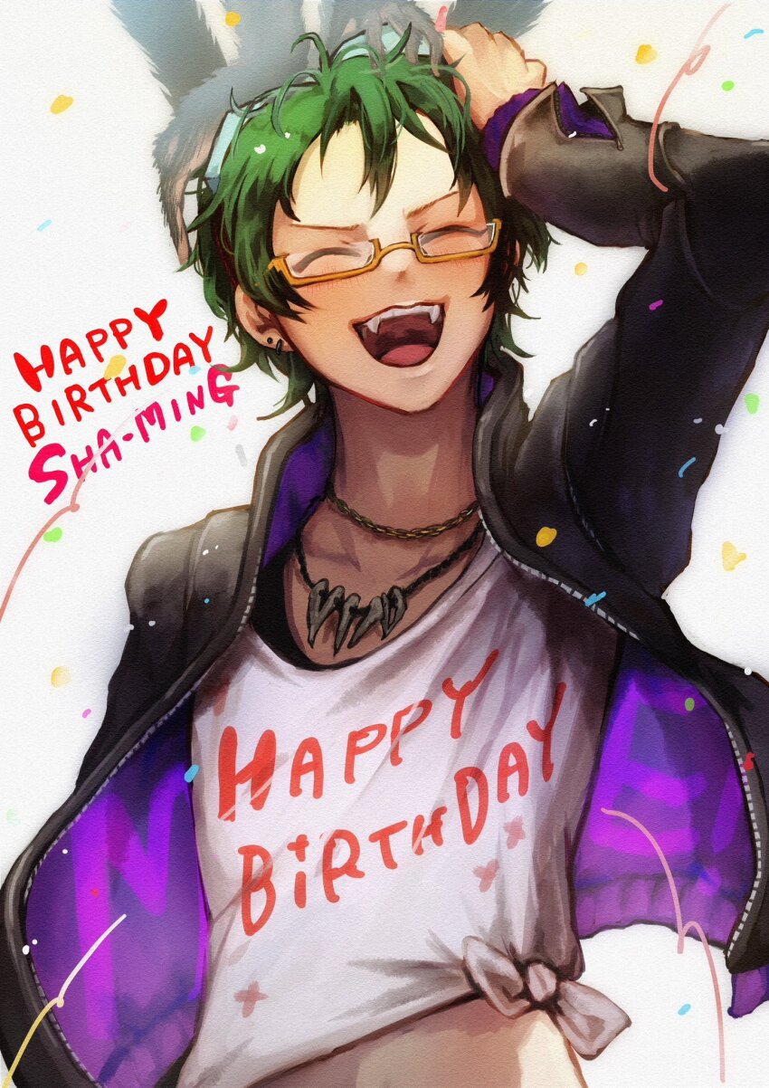 1boy black_hair closed_eyes glasses gnosia goggles green_hair highres jacket jewelry koyuuuuuuuuuuu long_sleeves looking_at_viewer male_focus navel necklace sha-ming shirt short_hair smile solo upper_body