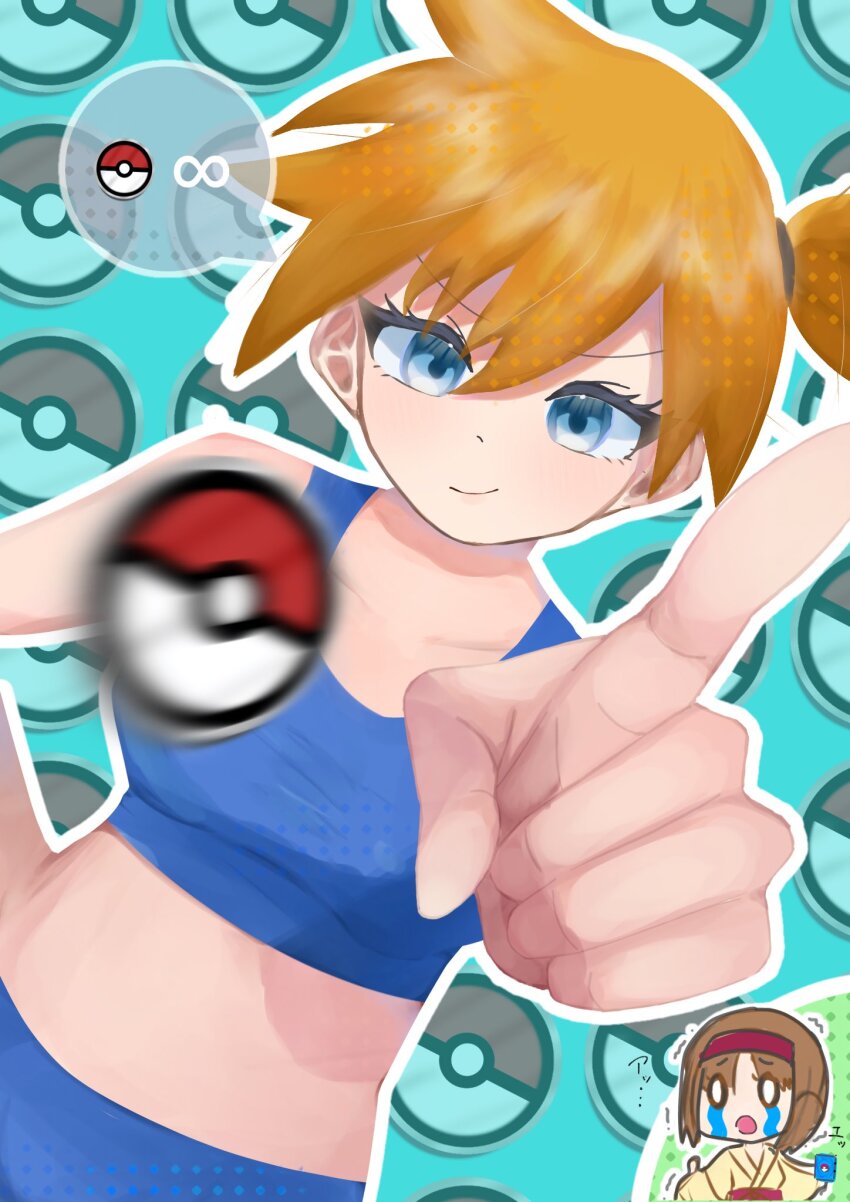 0_0 2girls asymmetrical_hair bikini blue_bikini blue_eyes blush breasts chibi chibi_inset closed_mouth erika_(pokemon) eyelashes gen_1_pokemon gym_leader hair_between_eyes highres holding holding_poke_ball japanese_clothes kimono large_breasts long_hair looking_at_viewer misty_(pokemon) multiple_girls navel nintendo orange_hair pointing poke_ball poke_ball_(basic) pokemon pokemon_frlg pokemon_tcg pokemon_tcg_pocket ponytail robe shirt short_hair shorts side_ponytail smile solo swimsuit thighs trembling