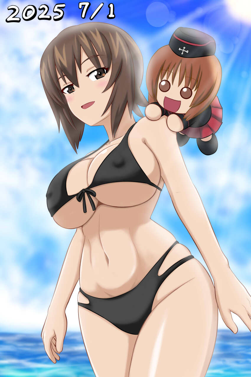 2girls abs absurdres bikini birthday black_bikini black_hat black_jacket black_shoes blush bow bow_bikini breasts brown_eyes brown_hair covered_erect_nipples dated front-tie_bikini_top front-tie_top garrison_cap girls_und_panzer hands_on_another&#039;s_shoulders hat highres jacket kuromorimine_military_uniform large_breasts looking_at_another looking_at_viewer megi2009 military military_hat military_uniform miniskirt multi-strapped_bikini_bottom multiple_girls navel nishizumi_maho nishizumi_miho ocean open_mouth pleated_skirt red_shirt shirt shoes skirt stuffed_toy summer sun swimsuit