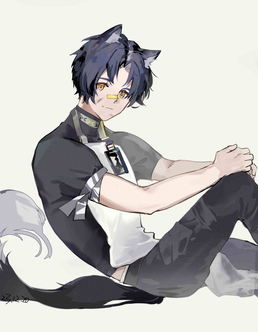 1boy absurdres animal_ears apron arknights armband bandaid bandaid_on_face bandaid_on_nose black_hair black_pants black_shirt closed_mouth commentary dated dirty dirty_face dog_boy dog_ears dog_tail from_side grey_armband highres id_card infection_monitor_(arknights) knee_up looking_at_viewer male_focus orange_eyes pants shirt short_sleeves simple_background smile solo tail white_apron white_background windflit_(arknights) yuanti_niao