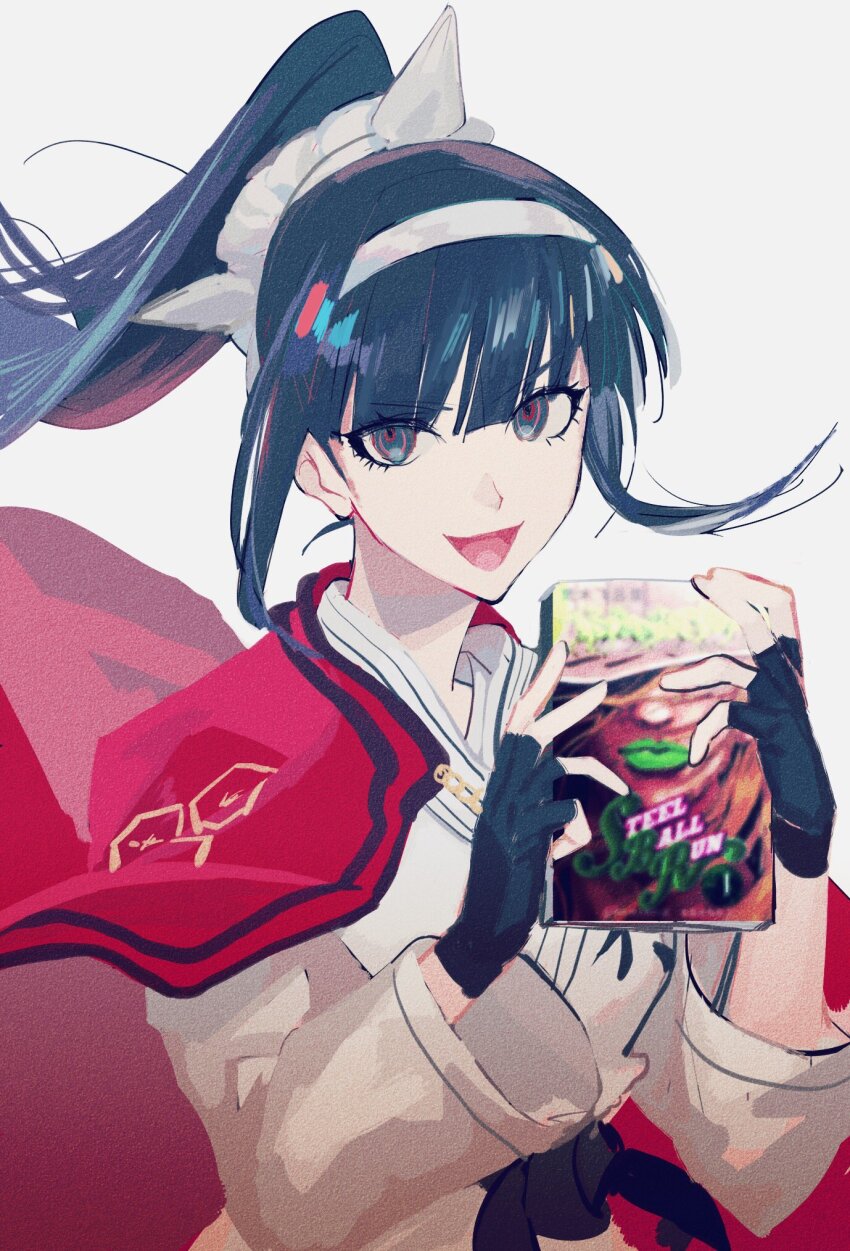 1girl black_gloves black_hair eyelashes female_focus fingerless_gloves gloves grey_eyes hands_up highres holding holding_manga jojo_no_kimyou_na_bouken long_hair long_sleeves looking_at_viewer magadori_kyoshika manga_(object) multicolored_eyes open_mouth ponytail red_eyes solo solo_focus steel_ball_run the_hundred_line_-last_defense_academy- white_background