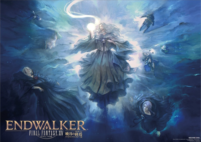 4boys 4girls absurdres black_capelet black_robe blue_theme capelet closed_eyes company_name copyright_name emet-selch final_fantasy final_fantasy_xiv floating floating_hair glowing grey_capelet grey_robe hatching_(texture) haurchefant_greystone highres hood hood_down hooded_capelet hythlodaeus hyur long_hair mask mask_around_neck minfilia_warde moenbryda_wilfsunnwyn mogi_yuusuke multiple_boys multiple_girls official_art papalymo_totolymo purple_hair robe signature solo_focus sophist&#039;s_robe_(ff14) venat_(ff14) wavy_hair white_hair wide_sleeves ysayle_dangoulain