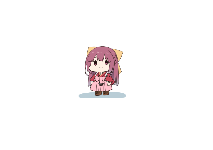 1girl anchor bow chibi hair_bow hakama hakama_skirt highres japanese_clothes kamikaze_(kancolle) kantai_collection kimono long_hair meiji_schoolgirl_uniform nami_nami_(belphegor-5812) pink_hakama purple_eyes purple_hair red_kimono skirt solo yellow_bow