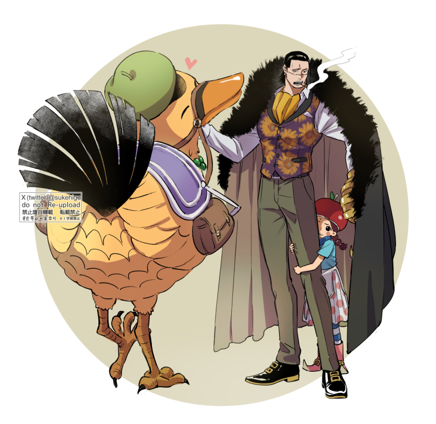 1boy 1girl animal ascot bird black_coat black_hair blue_shirt boots cigar claws coat coat_on_shoulders commentary_request crocodile_(one_piece) duck full_body fur-trimmed_coat fur_trim hair_slicked_back hat heart hiding hook_hand karoo_(one_piece) miss_goldenweek one_piece pantyhose red_hair shirt skirt smoke stitched_face stitches striped_clothes striped_pantyhose sukehige twitter_username vest waistcoat white_shirt yellow_ascot
