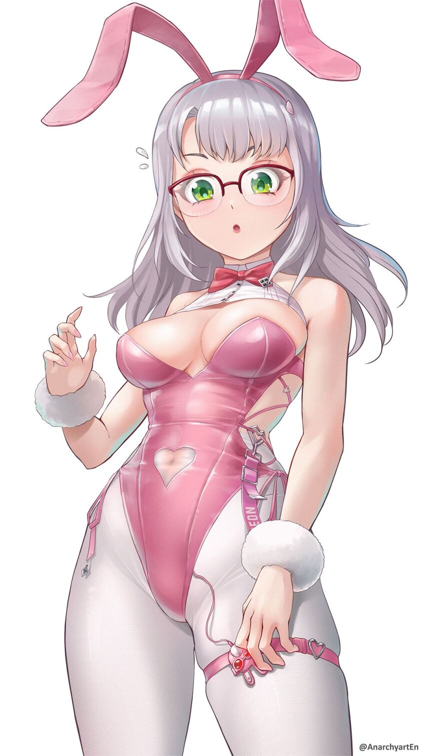 anarchyart blush bow breasts bunnygirl_suit cosplay dildo egg_vibrator glasses goddess_of_victory:_nikke green_eyes hair_ornament highres leggings leotard looking_at_viewer medium_breasts milk_(blooming_bunny)_(nikke) milk_(nikke) nail_polish neon_(nike) neon_(nikke) open_mouth panties pink_nails rabbit_ears rabbit_hair_ornament rabbit_vibrator sex_toy surprised sweatdrop underwear vibrator vibrator, vibrator_under_clothes vibrator_under_panties white_background white_hair white_leggings