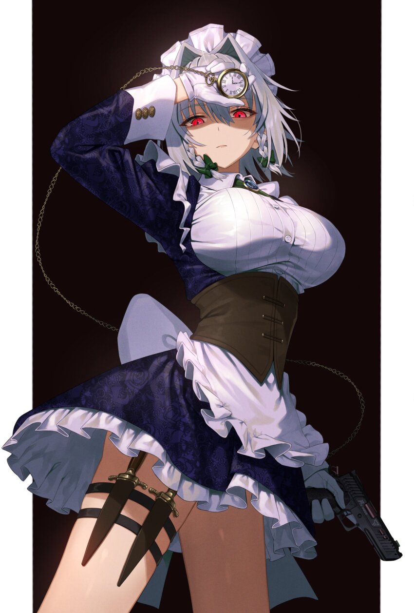 1girl alternate_weapon black_dress breasts brown_background cowboy_shot dress gloves greenkohgen gun hidden_weapon highres holding holding_gun holding_pocket_watch holding_weapon izayoi_sakuya knife large_breasts maid maid_headdress pocket_watch red_eyes short_hair solo thigh_strap touhou trigger_discipline watch weapon white_gloves white_hair