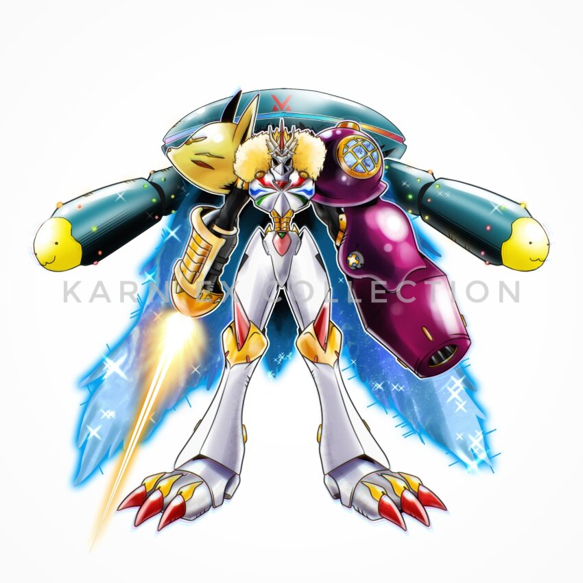 amphimon armor cannon diarbbitmon digimon digimon_(creature) digimon_ghost_game energy_cape energy_sword facing_viewer fusion highres hoverespimon omegamon oridigi original siriusmon solo sword weapon weirdomonmaster