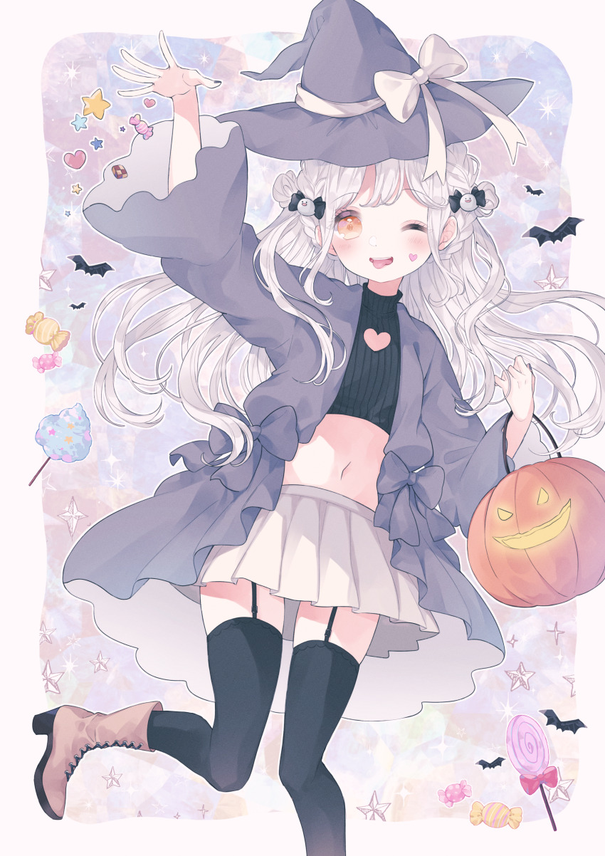 1girl absurdres arm_up bat_(animal) black_bow black_thighhighs boots bow braid brown_boots candy cleavage_cutout clothing_cutout coat commentary cropped_sweater flat_chest food garter_straps grey_coat grey_hat halloween_bucket hat hat_ribbon heart_sticker high_heel_boots high_heels highres leg_up long_hair long_sleeves miniskirt navel one_eye_closed open_clothes open_coat open_mouth orange_eyes original pleated_skirt ribbed_sweater ribbon skirt smile solo sticker_on_face sweater symbol-only_commentary tareme thighhighs ting_(tingiiio) turtleneck turtleneck_sweater white_hair white_ribbon white_skirt wide_sleeves witch_hat